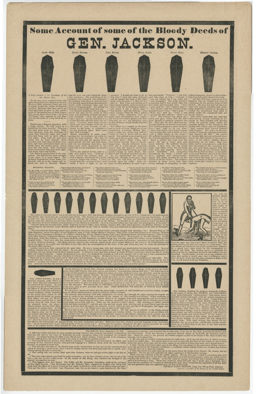 A vintage poster titled Some Account of some of the Bloody Deeds of Gen. Jackson, featuring text columns and illustrations of coffins. The poster recounts historical events and criticisms of General Jacksons actions.