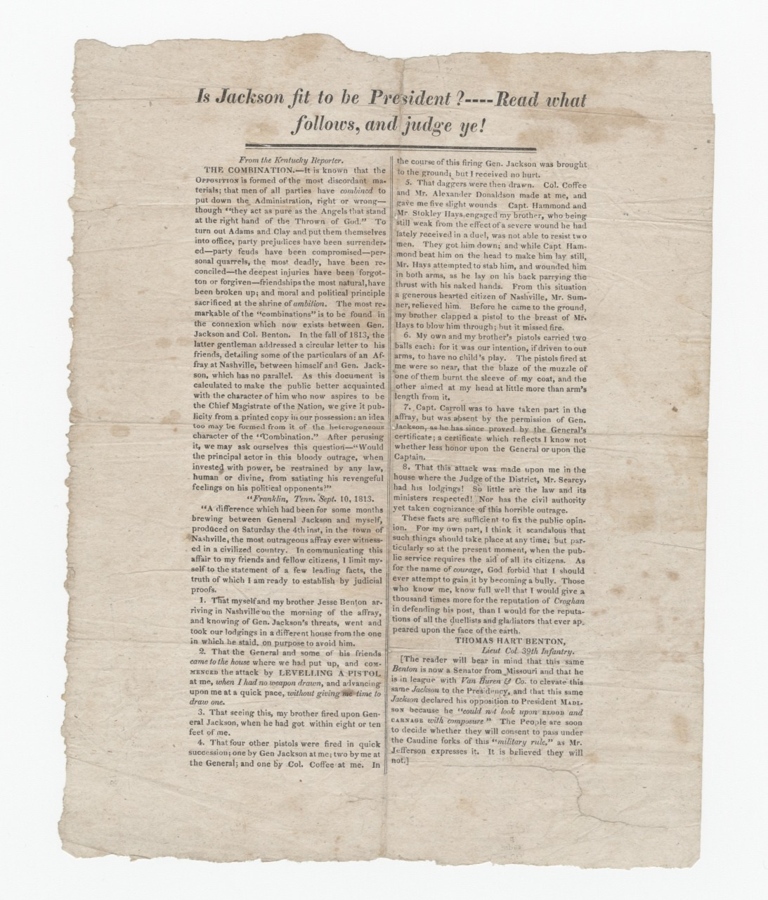 An old, worn newspaper page titled Is Jackson fit to be President? Read what follows, and judge ye! featuring an article critiquing Andrew Jacksons conduct and character, with multiple columns of text and author attribution.