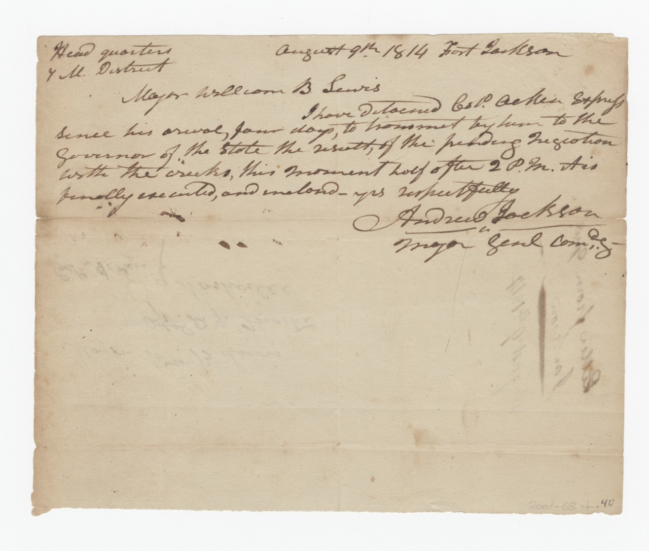 A handwritten letter dated August 14, 1814, from Fort Jackson addressed to Major William B. Lewis. It discusses sending an enclosure to the Governor of the state, noting its expected delivery by 2 p.m. The letter is signed by Andrew Jackson.