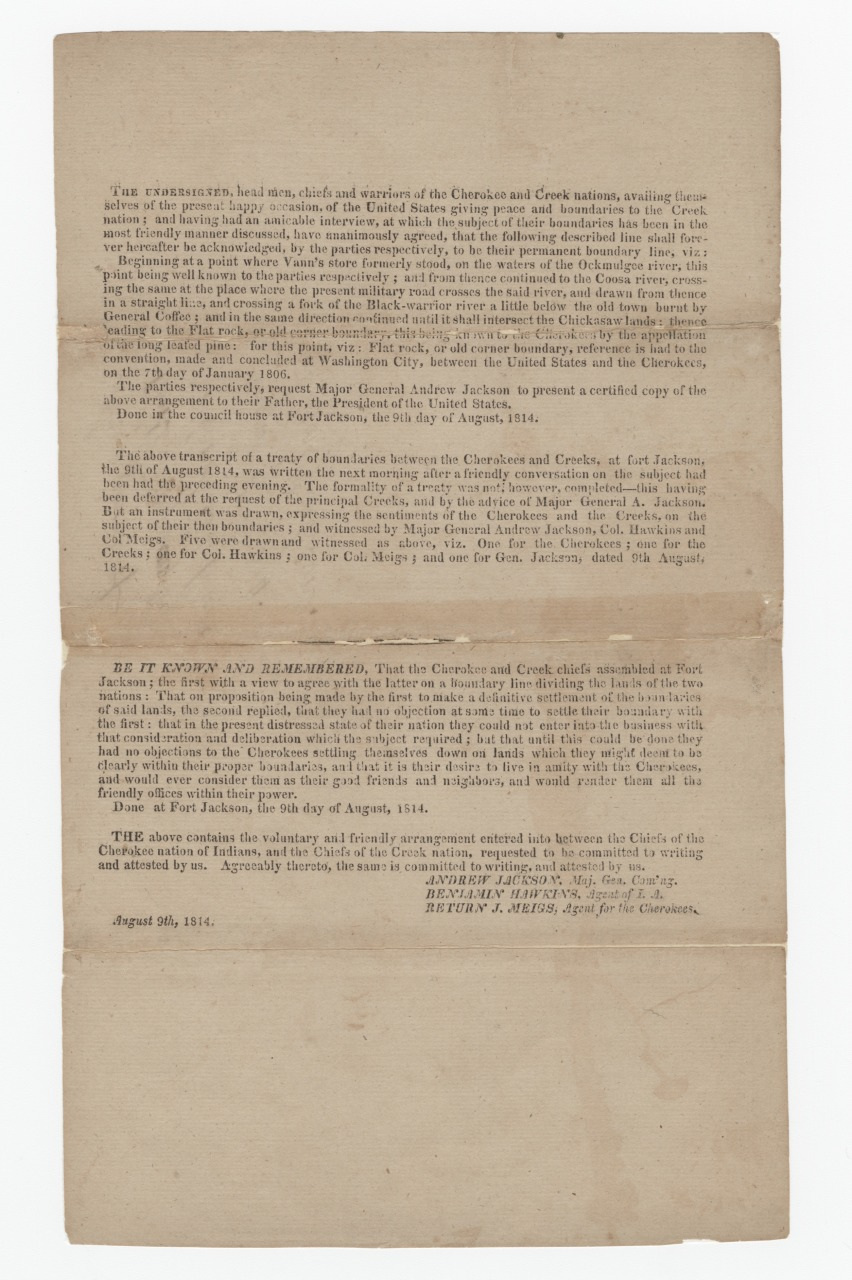 A historical document titled Appearance of Cherokee & Creek Chiefs dated August 9, 1814. The text is printed on yellowed paper with handwritten signatures at the bottom. The document discusses an agreement involving chiefs of Cherokee and Creek nations.
