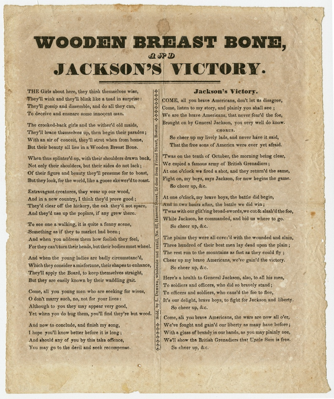 A vintage broadside titled Wooden Breast Bone, and Jacksons Victory, featuring text in two columns. The left column discusses women and appearance, while the right celebrates a victory associated with Jackson. The paper is aged and worn.