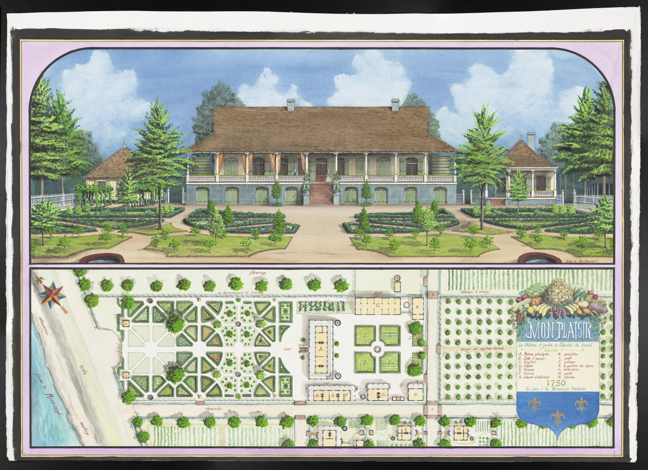 Illustrated map of a large estate featuring a detailed two-level house surrounded by a lush garden. Includes ornate pathways and tree arrangements. A decorative compass rose and a labeled section with Noupatre 1750 highlight the maps historical theme.