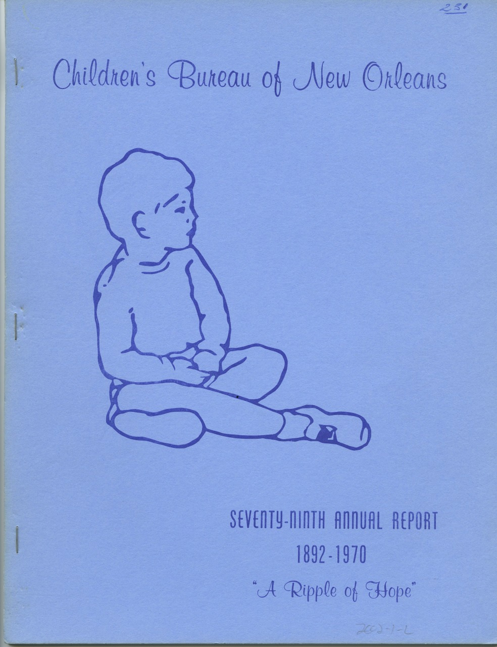 Cover of the Childrens Bureau of New Orleans Seventy-Ninth Annual Report, 1892-1970, titled A Ripple of Hope. It features a simple blue line drawing of a seated child on a light blue background.