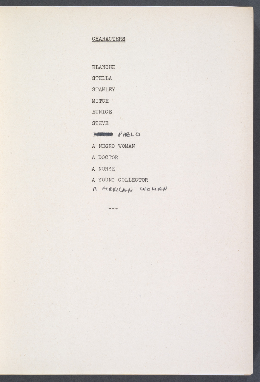 A photo of a character list from playscript for "Streetcar," with the name “Pancho” changed to “Pablo,” 1947.