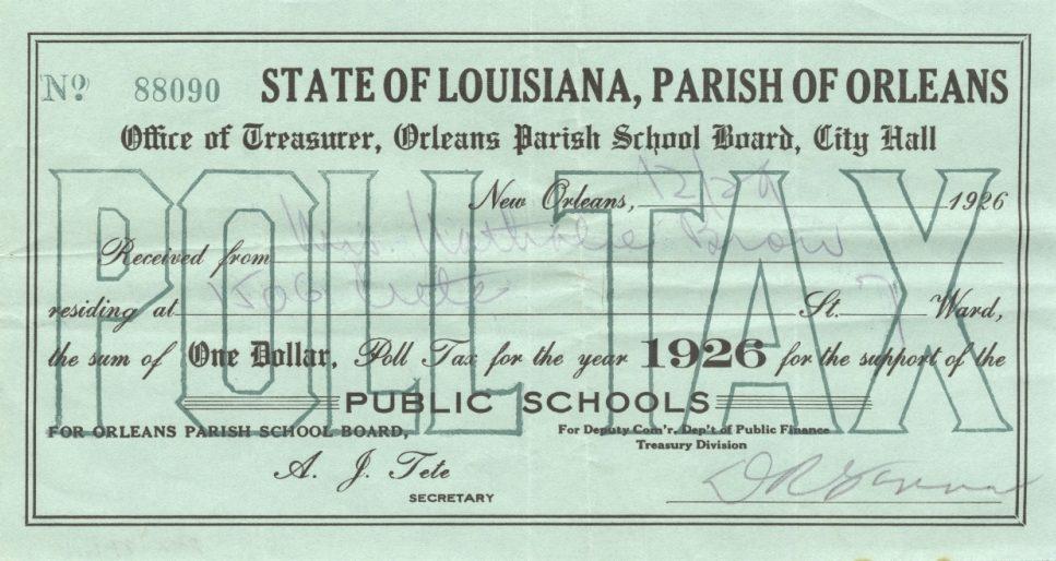 A 1926 poll tax receipt from the State of Louisiana, Parish of Orleans, for Orleans Parish School Board. It notes payment of one dollar for public schools, signed by the treasurer and secretary.