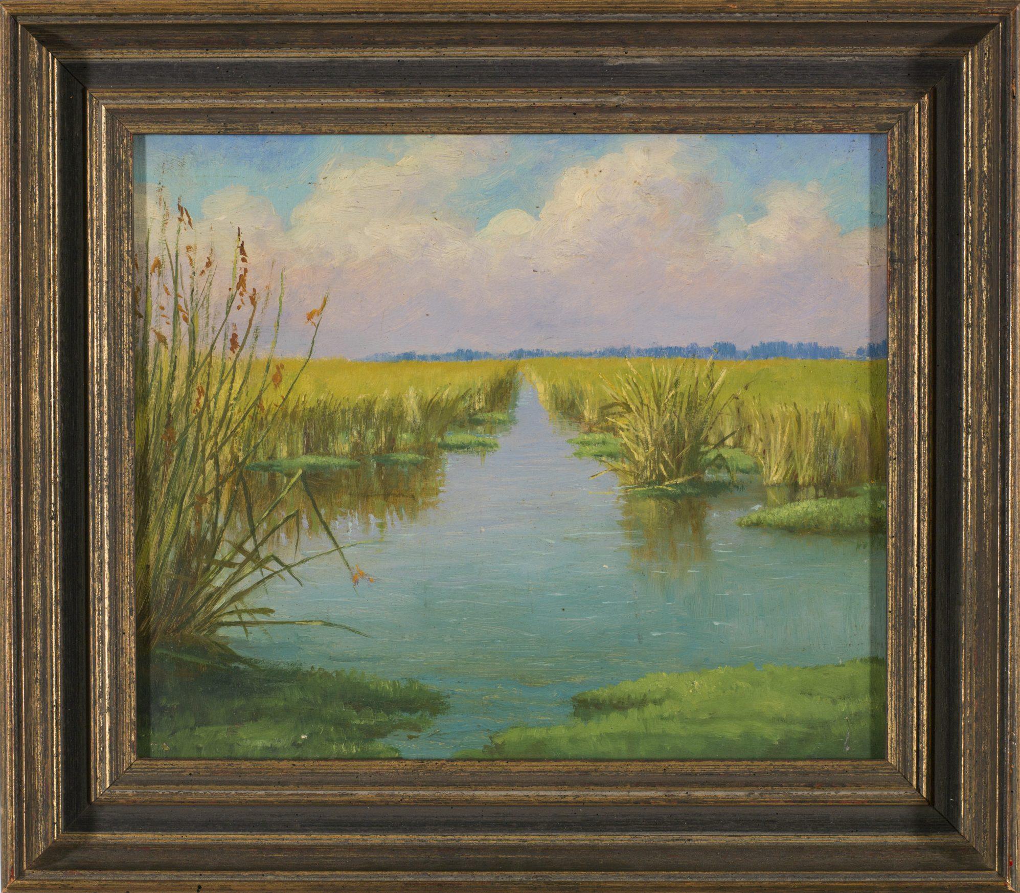 A painting of a tranquil marshland with tall grasses on both sides leading to the horizon. The sky is partly cloudy with blue patches, and the water reflects the serene landscape. Framed in a rustic wooden frame.