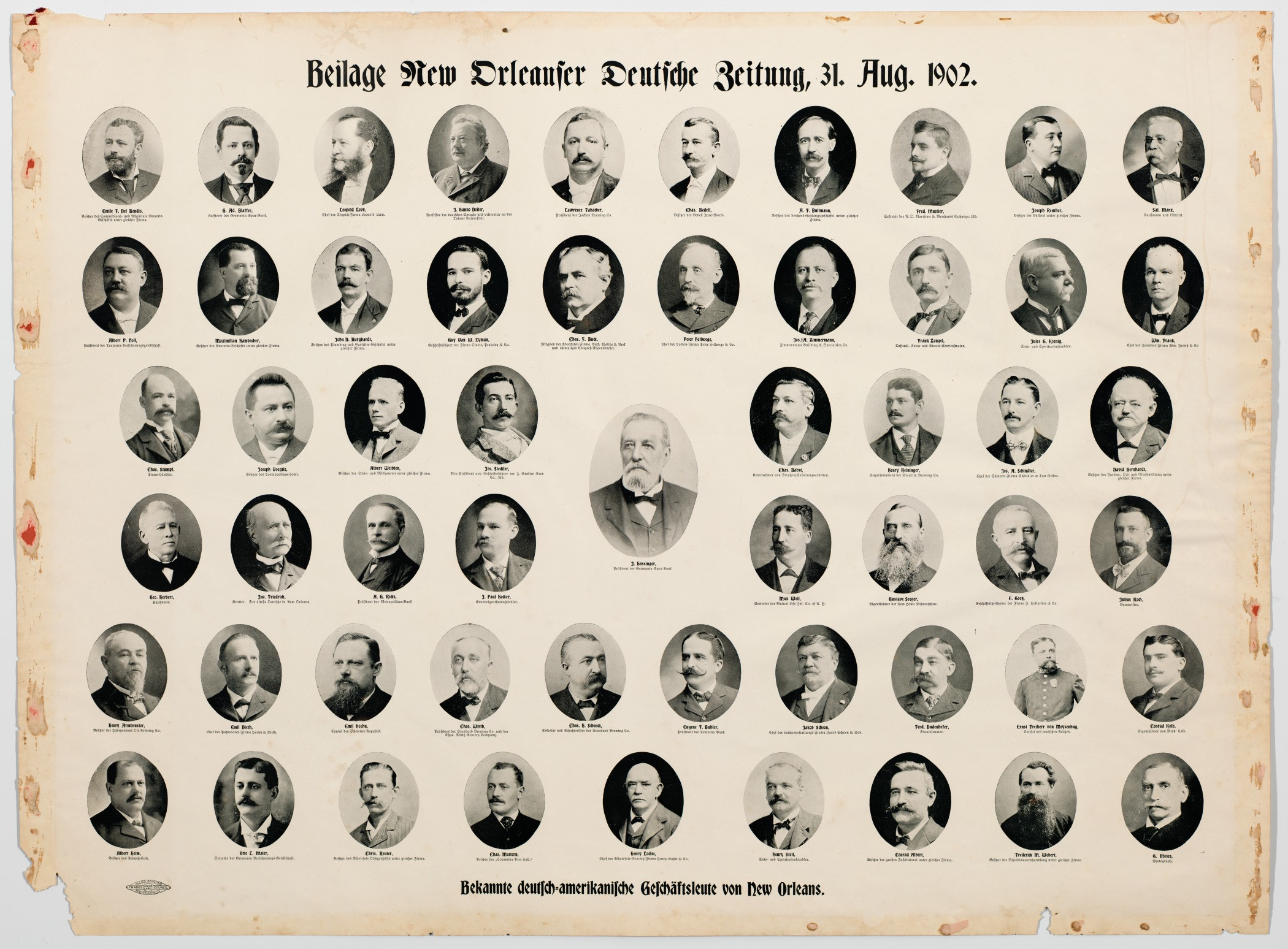 A vintage black-and-white collage titled Beilage New Orleanser Deutsche Zeitung, 31 Aug. 1902, featuring portraits of numerous men arranged in rows with their names below each image. Edges of the paper are worn and slightly discolored.