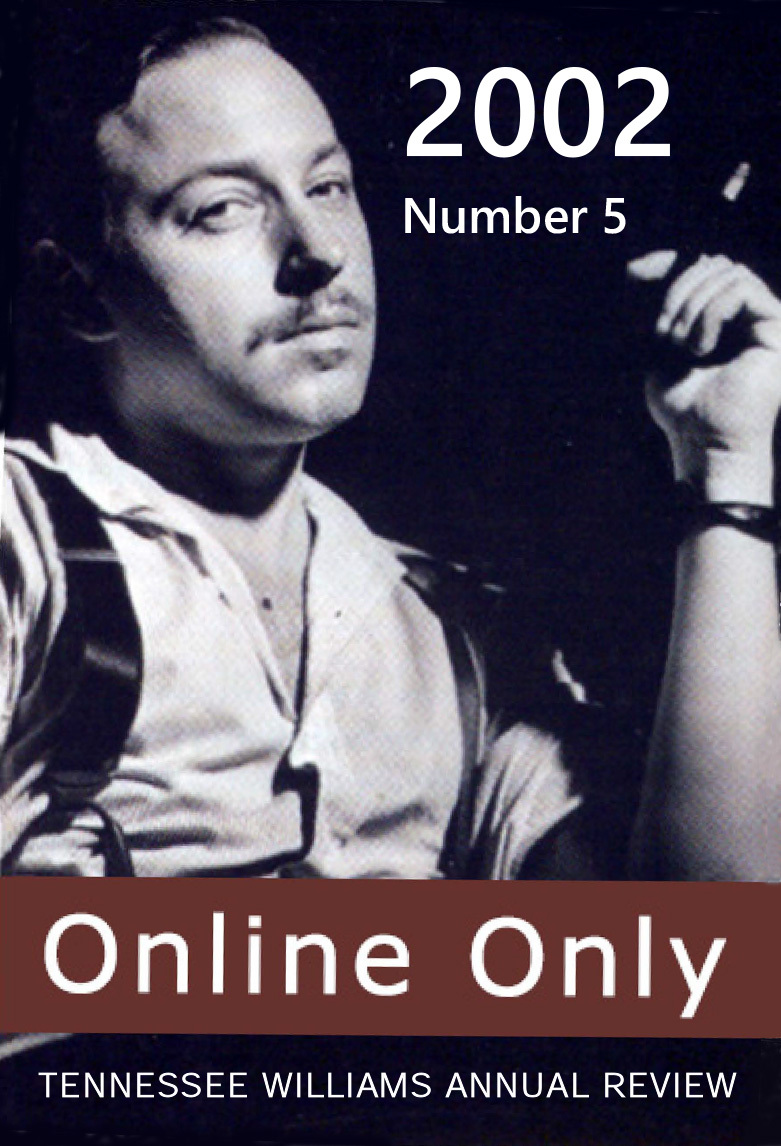 Black and white photo of a man with a mustache, sitting while looking at the camera. The text reads: 2002 Number 5 and Online Only Tennessee Williams Annual Review.