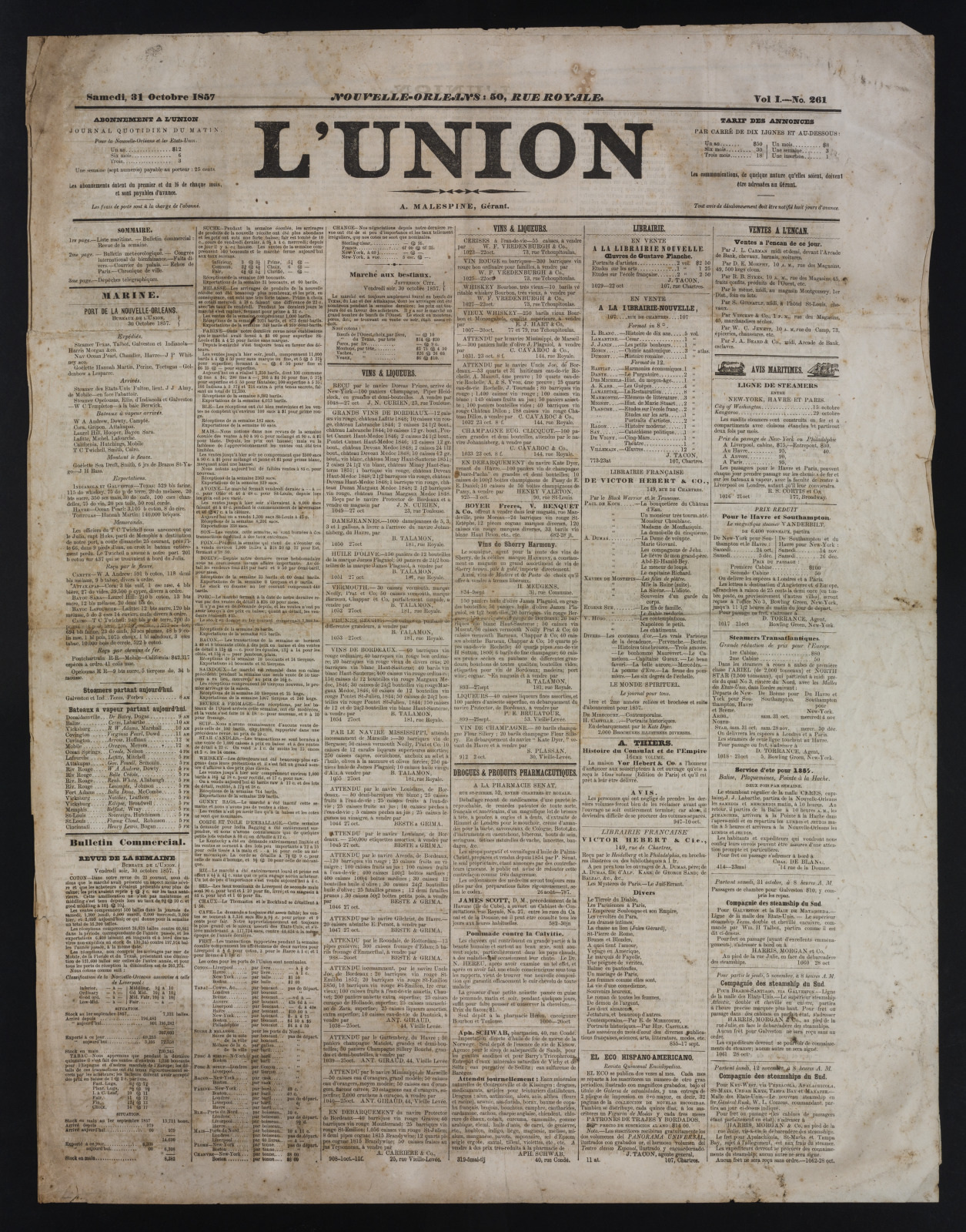 An old newspaper titled LUnion from New Orleans, featuring various articles and columns in French. The paper is yellowed and worn, with a date at the top indicating October 11, 1862.