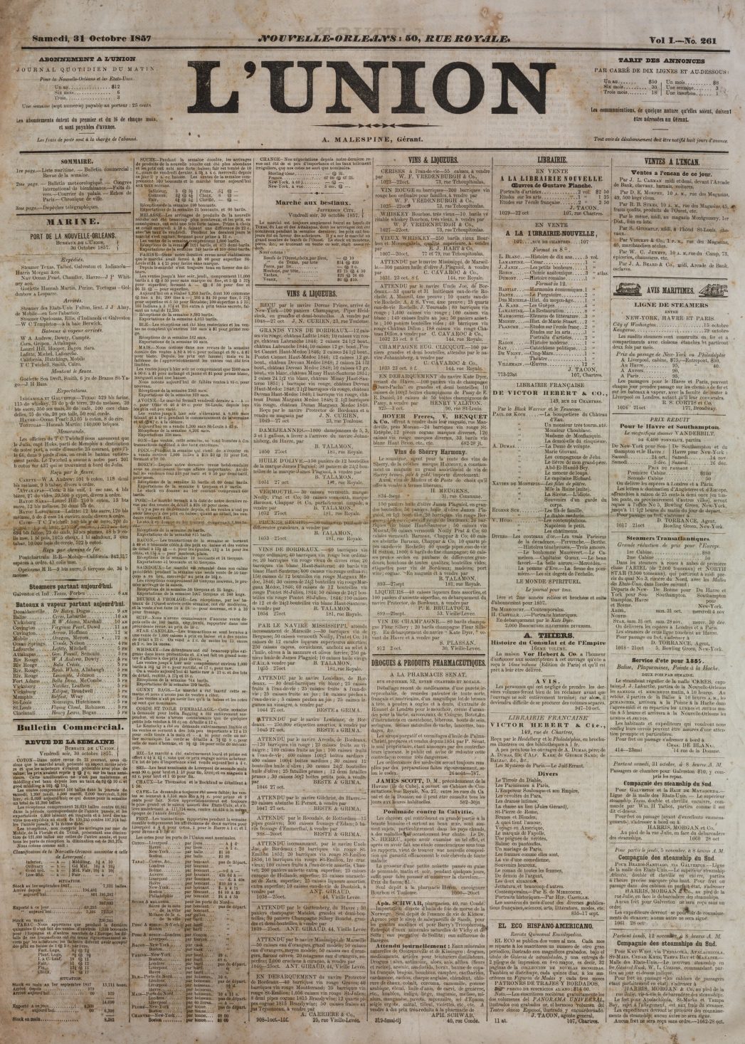 A vintage newspaper front page titled LUnion in French, dated Saturday, October 31, 1863. It features various articles and advertisements in dense columns, common for newspapers from that era. The text is in black on a yellowed paper background.