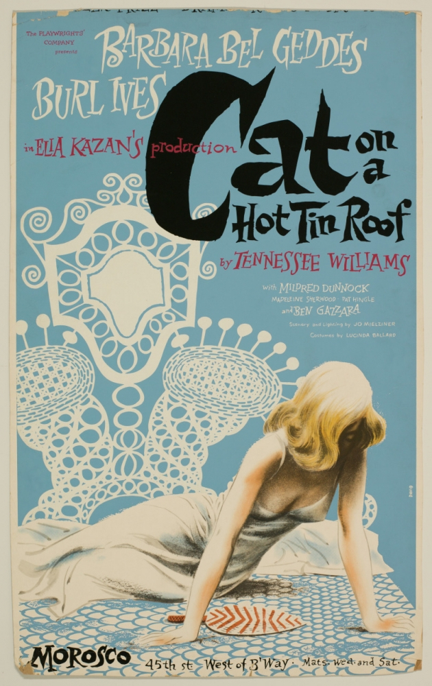 A vintage poster for Cat on a Hot Tin Roof by Tennessee Williams. It features an illustration of a woman in a white dress sitting on a woven chair, looking at stylized, swirling decorations. The names of the cast and crew are listed.