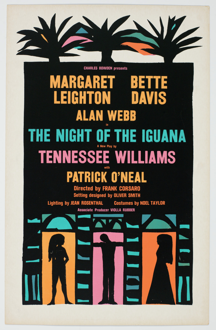 A vintage poster for The Night of the Iguana play by Tennessee Williams, featuring silhouetted palm trees and colorful text with names like Margaret Leighton, Bette Davis, and Alan Webb. Directed by Frank Corsaro, with visuals of two figures by a door.