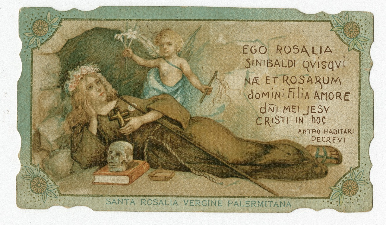 Illustration of Saint Rosalia lying on the ground, holding a cross, with a skull beside her. An angel stands above, holding a rose and a scroll with Latin text. The border is ornate with a caption: Santa Rosalia Vergine Palermitana.