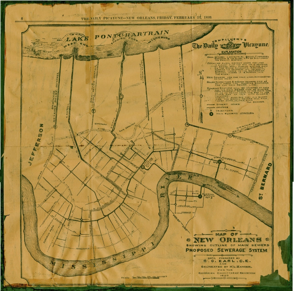 Antique map depicting New Orleans, dated 1899. Displays outlined streets, waterways, and districts bordering Lake Pontchartrain and the Mississippi River. Includes details of a proposed sewerage system. The map is yellowed with age.