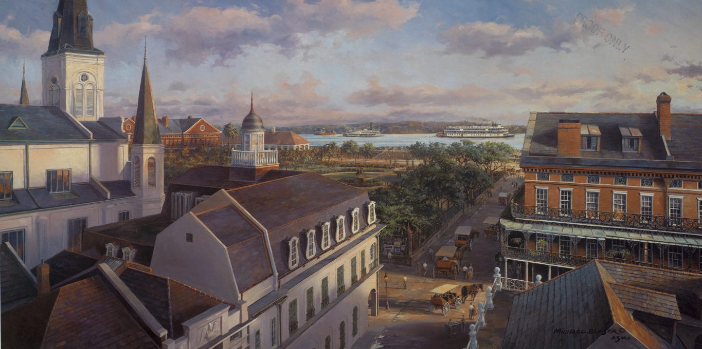 A painting of the French Quarter during sunset. The view overlooks Jackson Square and steamboats on the Mississippi River.