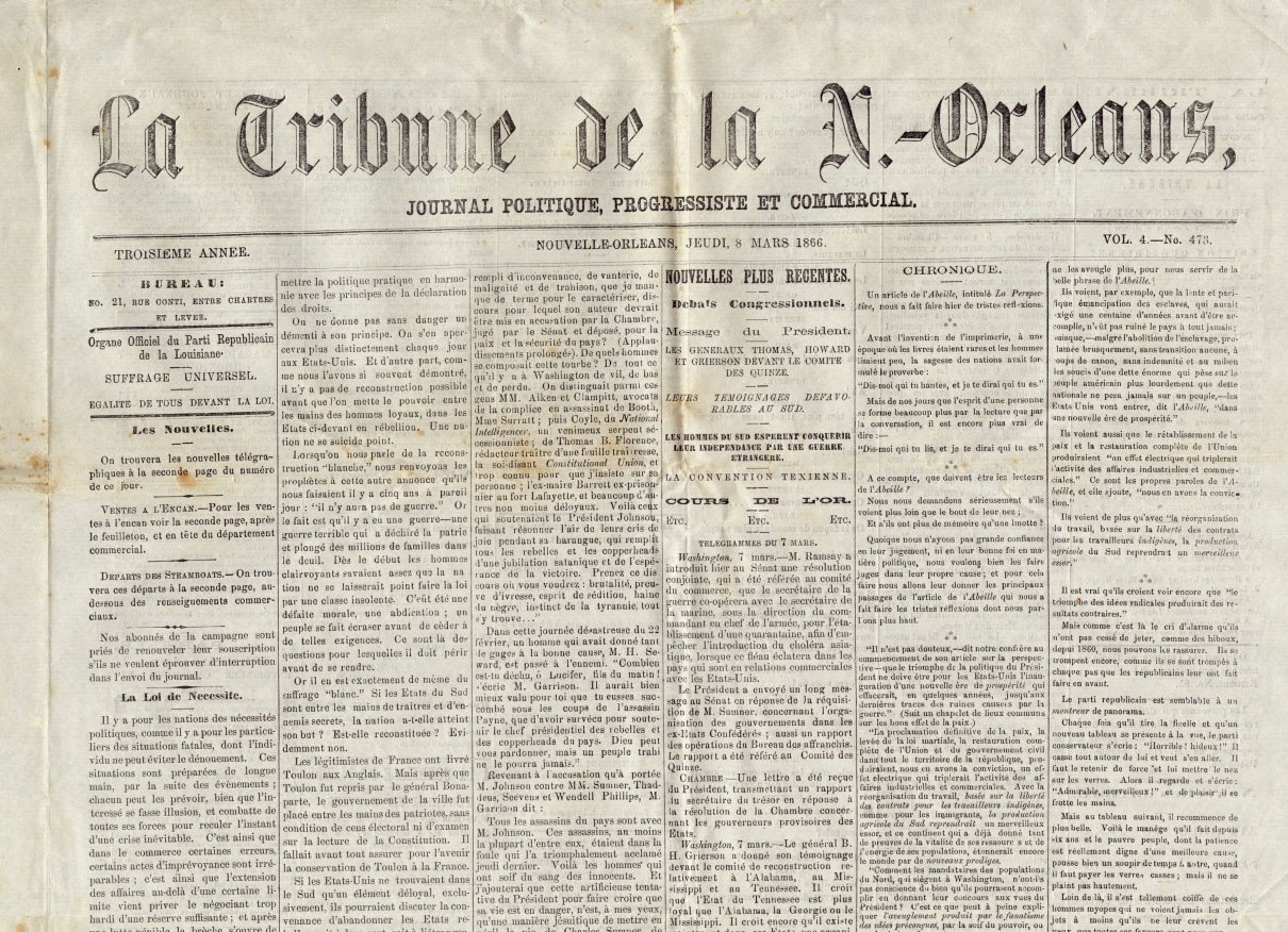 Front page of La Tribune de la Nouvelle-Orléans newspaper dated March 9, 1865. The page is text-heavy, with articles in French, detailing political and commercial news. The masthead is prominently displayed at the top.