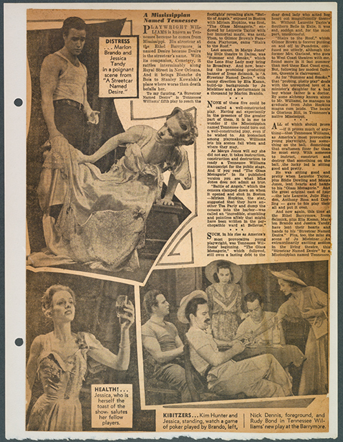 A vintage newspaper page features actors in various theatrical scenes. One image shows a dramatic moment on stage; another captures actors in conversation. The text discusses a performance and includes detailed descriptions of the roles and actors involved.
