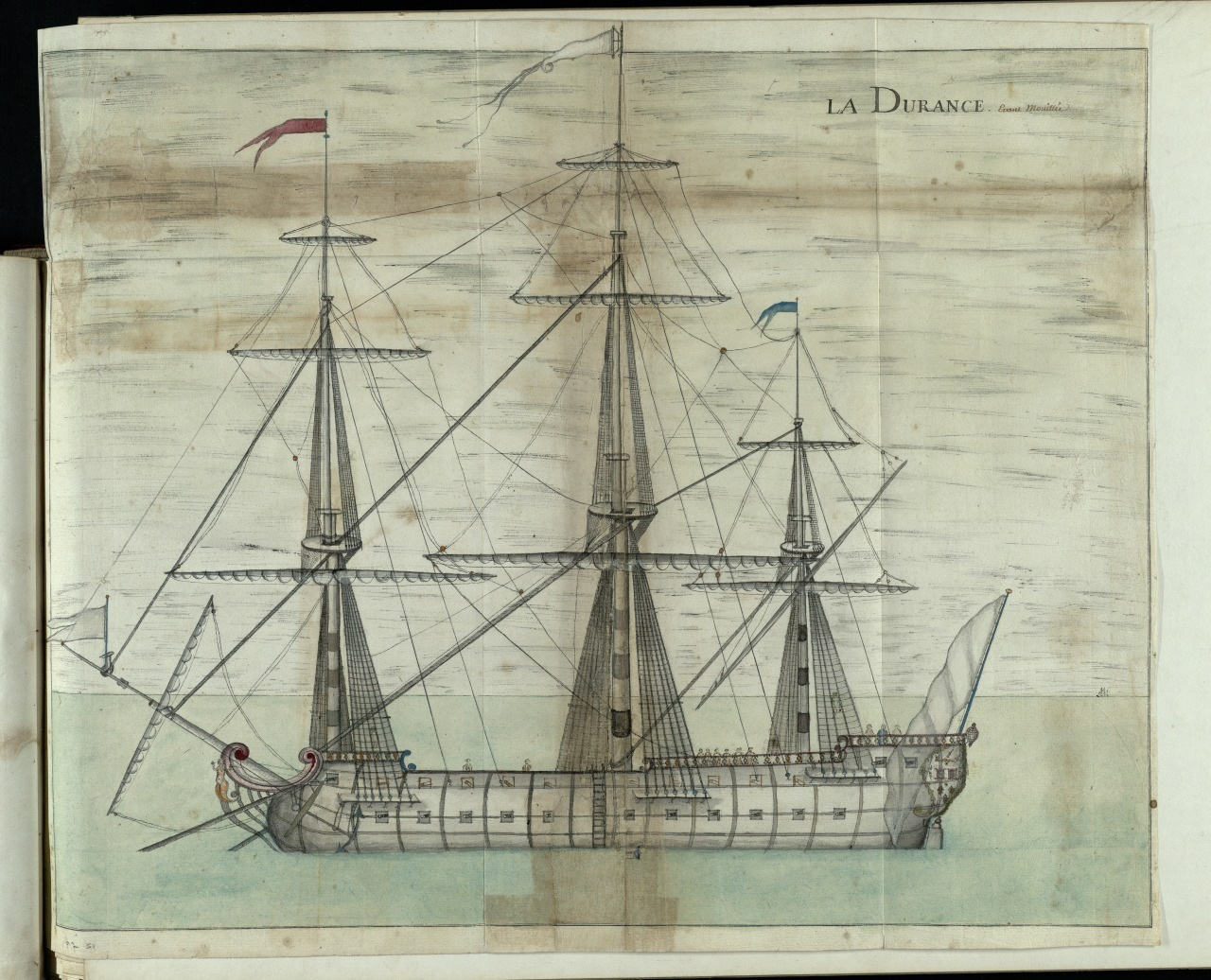 Illustration of a large sailing ship named La Durance, shown in profile on a calm sea. The ship features three masts with unfurled sails and flags atop. The detailed drawing has a vintage, weathered appearance.