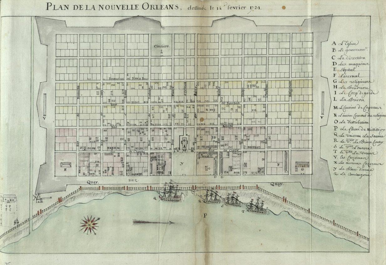 Historic map of New Orleans, titled Plan de la Nouvelle Orléans, dated February 1, 1721. It shows a detailed grid layout of streets and plots, with a river at the bottom and a compass rose indicating direction.