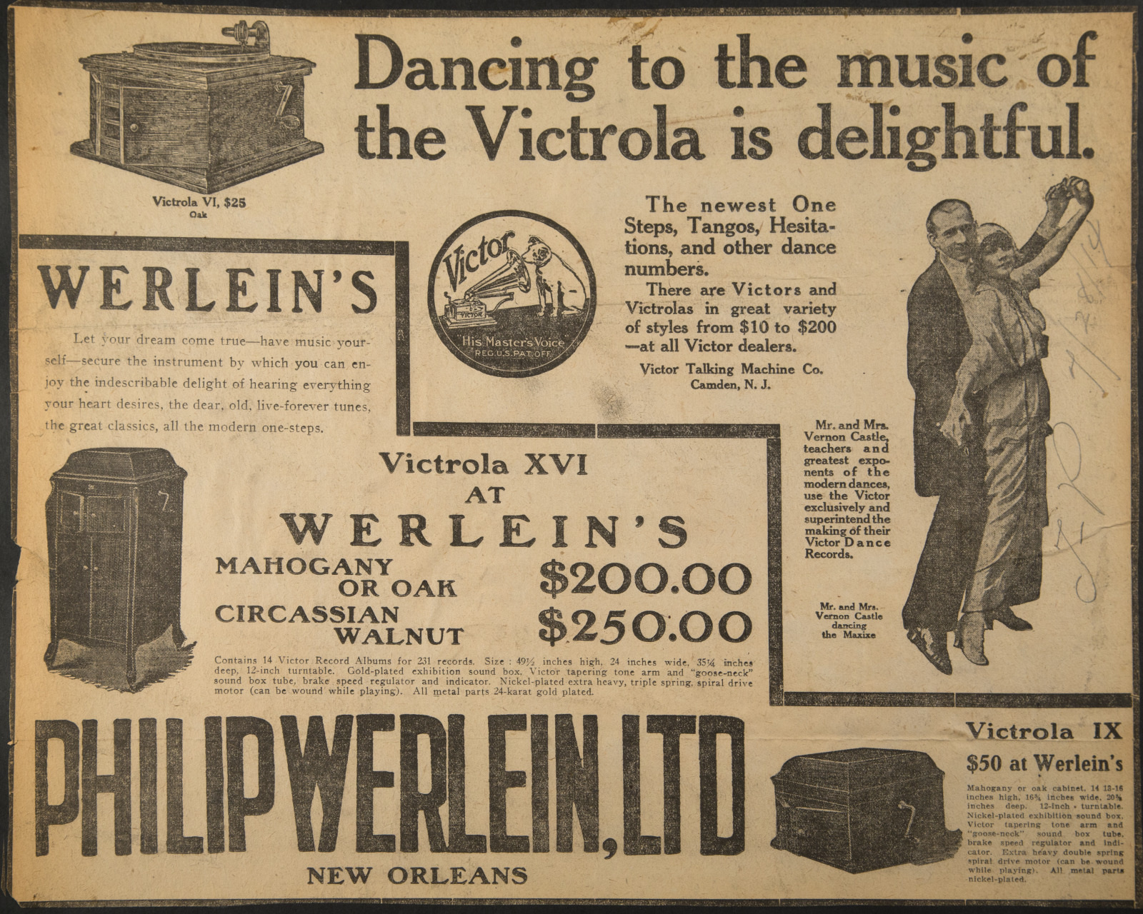 Vintage advertisement featuring various models of Victrolas, including Victrola XVI and IX. The ad highlights their prices and promotes dancing to Victrola music as delightful. Includes a black and white drawing of a dancing couple.