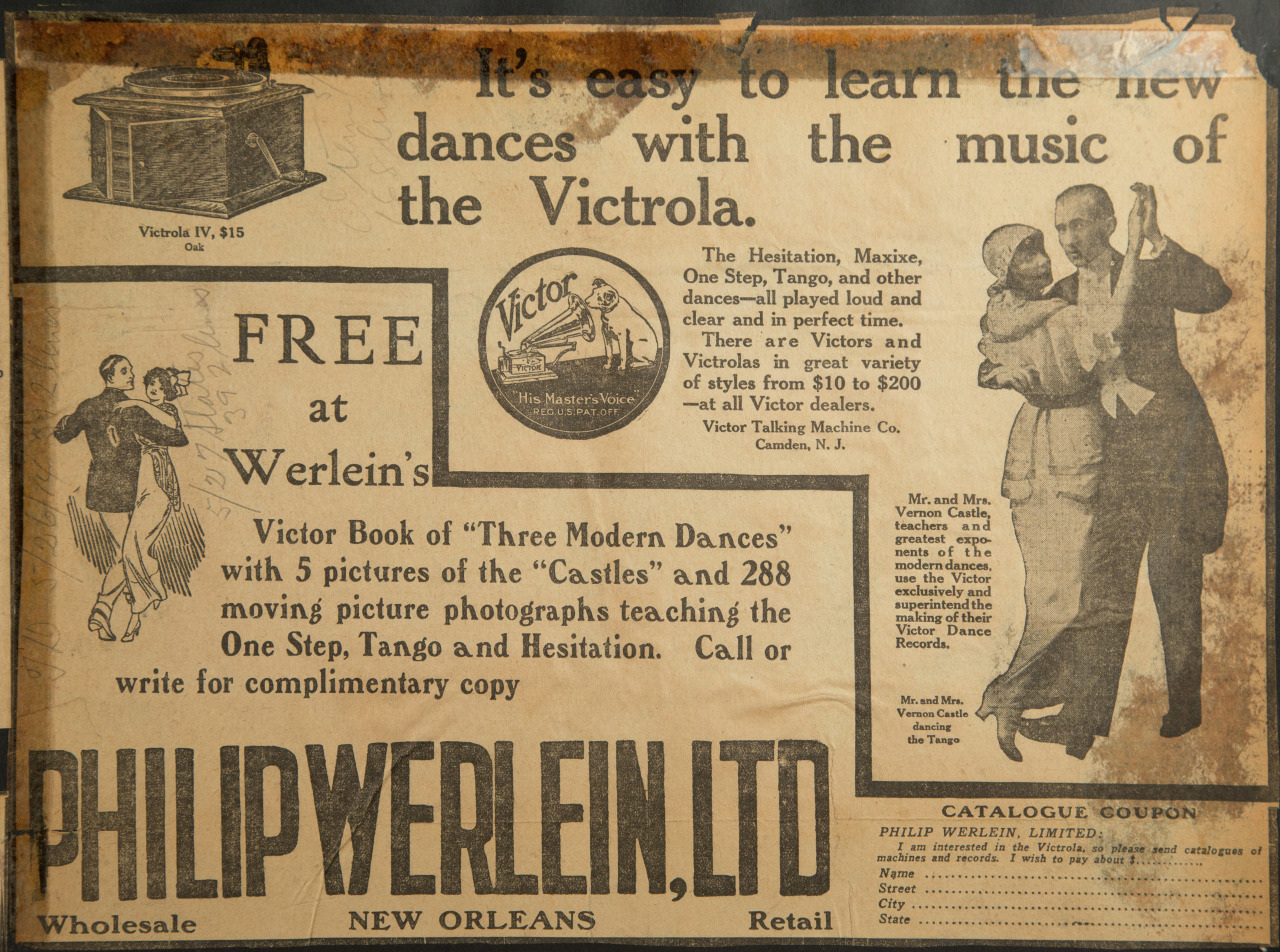 Vintage advertisement for the Victrola, promoting dance music and offering a free Victor book of The Modern Dances at Philip Werlein, Ltd. Features images of dancers and details about the Victrola model, with a background of aged, yellowed paper.