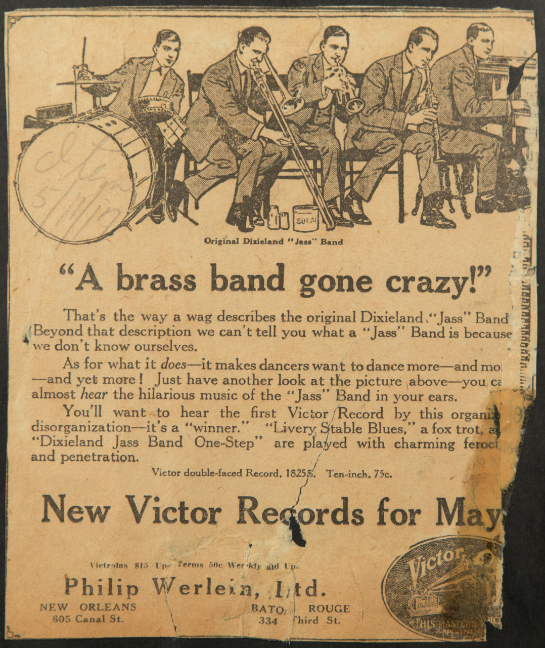 Vintage advertisement featuring a sketch of the Original Dixieland Jass Band with five musicians playing instruments. The text promotes new Victor Records for May, highlighting lively music from Philip Werlein, Ltd., located in New Orleans and Baton Rouge.