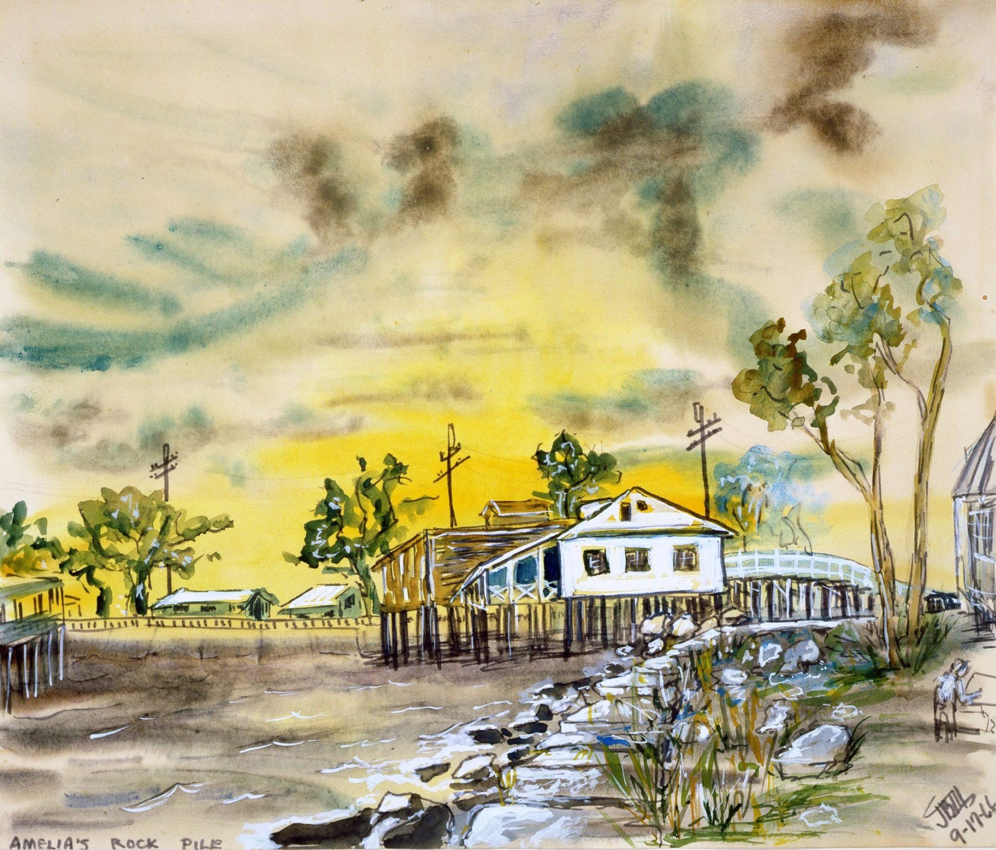 A watercolor painting depicts Amelias Rock Pile with a peaceful waterfront scene. It features docks, a white building, lush trees, and a rocky shoreline under a yellow and gray sky.