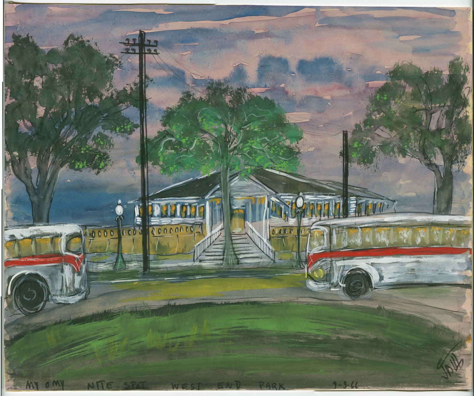 A painting depicting two buses parked in front of Club My-O-My at night.