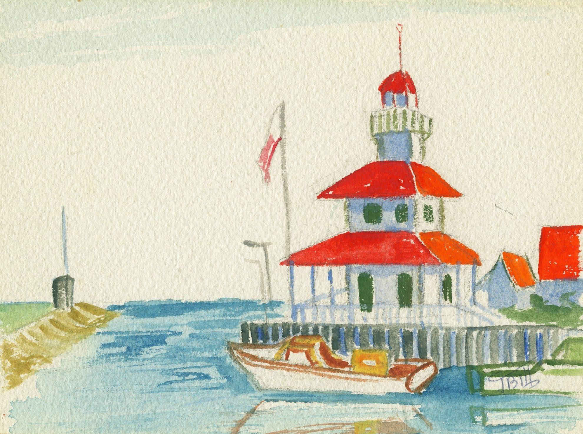 A watercolor painting depicts a quaint lighthouse with a red roof by a calm body of water. A small boat is moored nearby, and an American flag waves in the breeze. The scene exudes a peaceful, coastal charm.