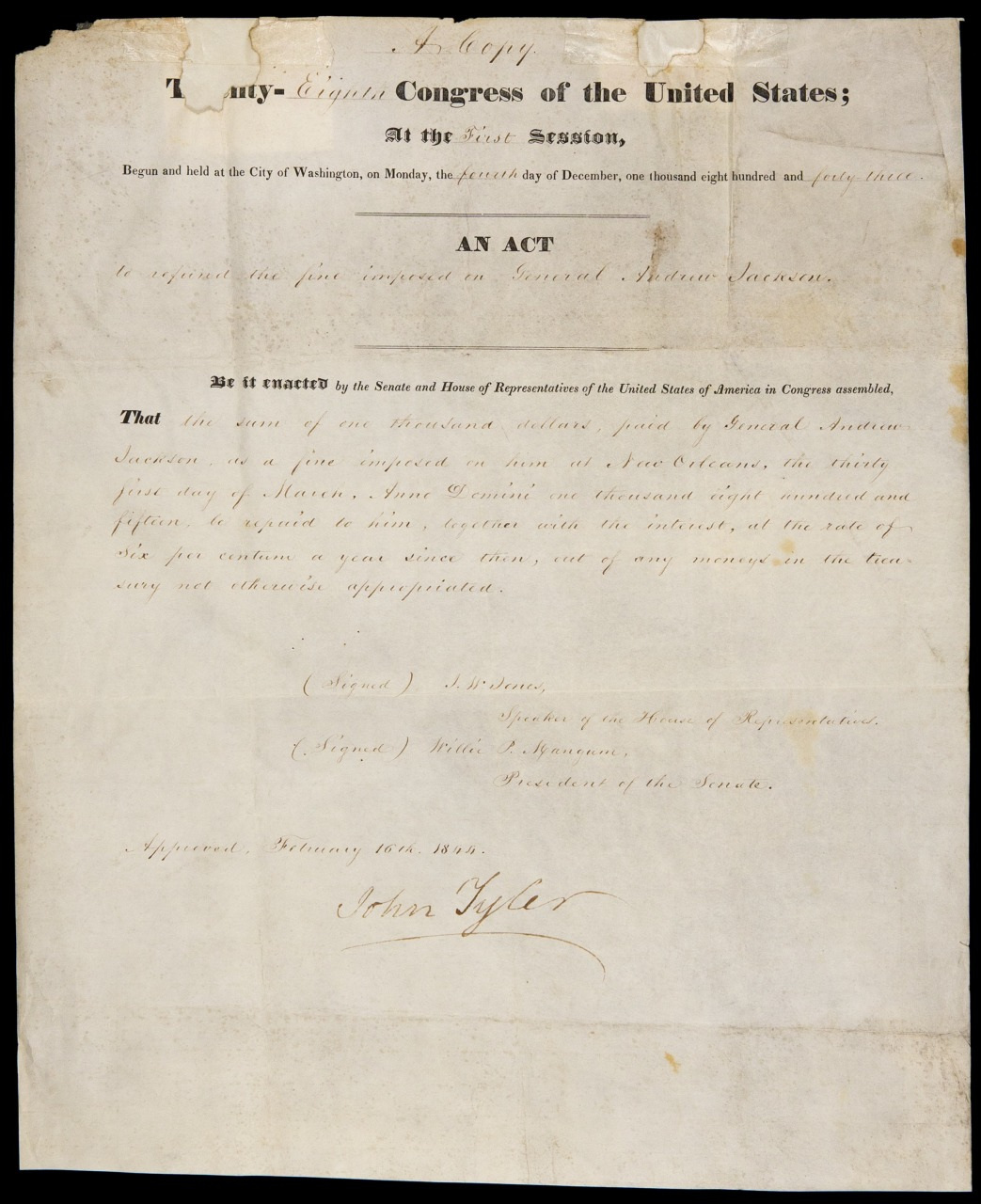A historical document titled AN ACT from the Twenty-Eighth Congress of the United States, dated February 16, 1843, and signed by John Tyler. The document is typed with handwritten signatures and annotations.