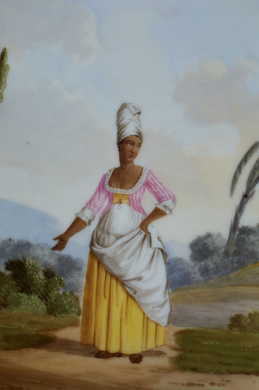 A painted illustration of a woman standing outdoors. She wears a head wrap, a striped pink top with white sleeves, a white apron, and a long yellow skirt. She gestures with her right hand. The background features a landscape with trees and hills.