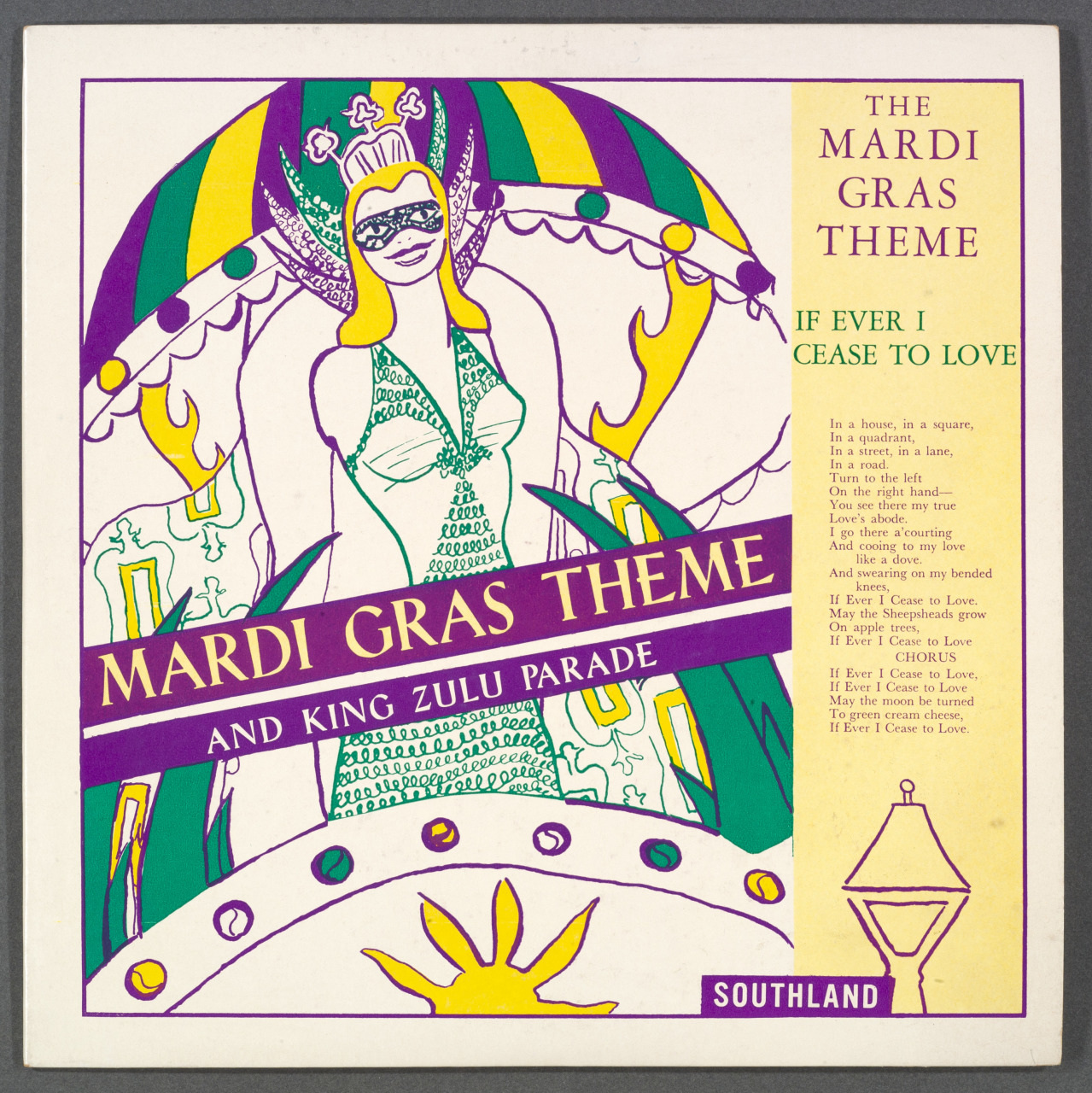 Colorful album cover featuring a masked woman under a green, purple, and yellow canopy. Text reads Mardi Gras Theme and If Ever I Cease to Love with lyrics on the right. Decorative elements include a lamp and sun motif.