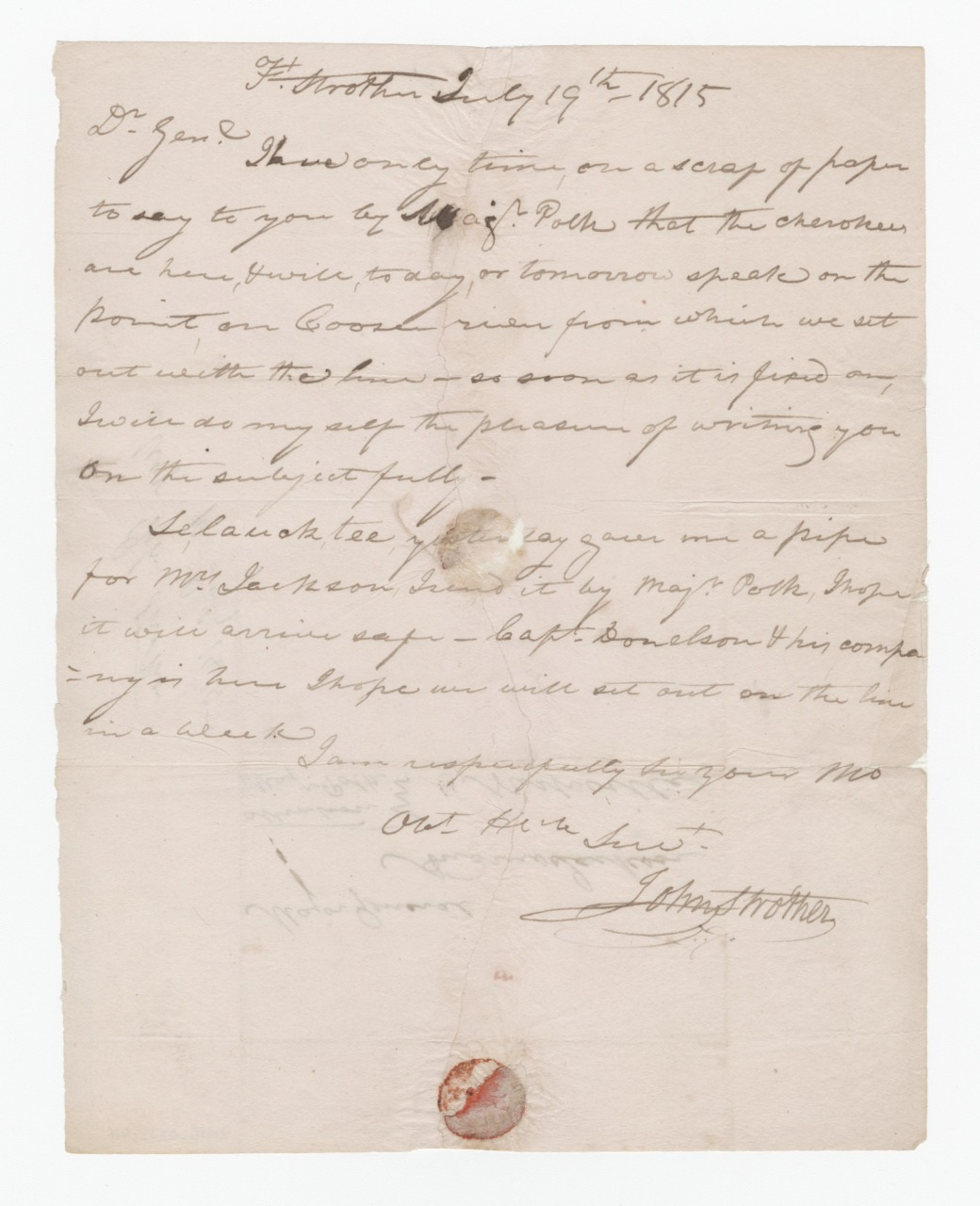 A handwritten letter dated July 19, 1815, from Fort Strother. The content discusses a plan to move on the Coosa River, with mentions of a potential crossing at Newyaucau. It includes signatures and has visible creases and a wax seal mark.