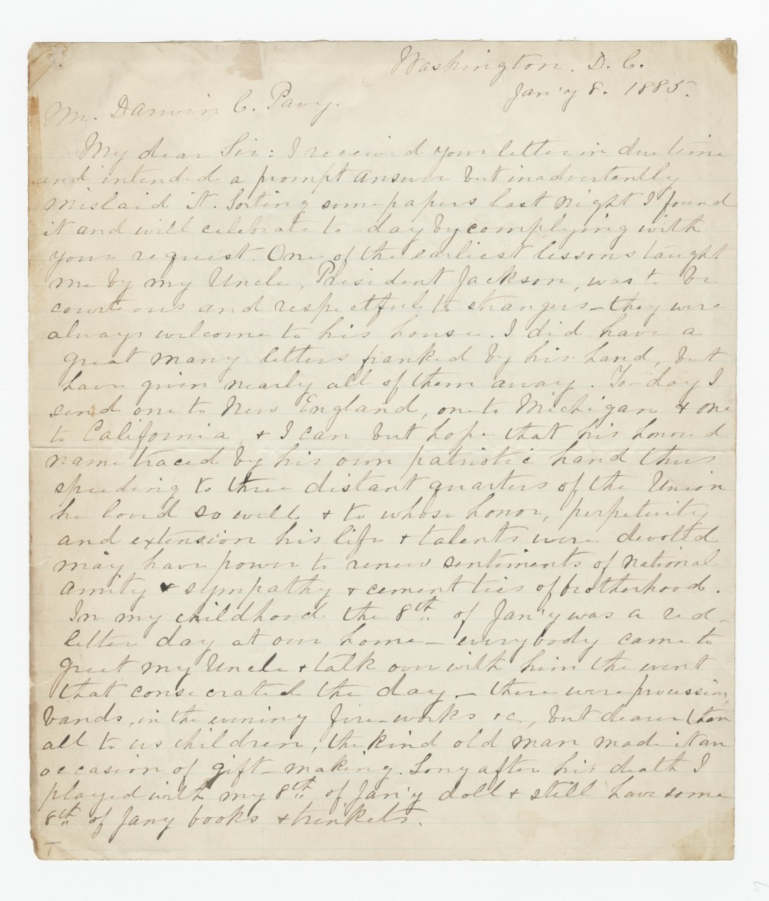A handwritten letter dated January 8, 1845, addressed to My Dear E. The writing is cursive and slightly faded, with paragraphs closely spaced. The paper is yellowed with age, and there are no visible illustrations or decorations.