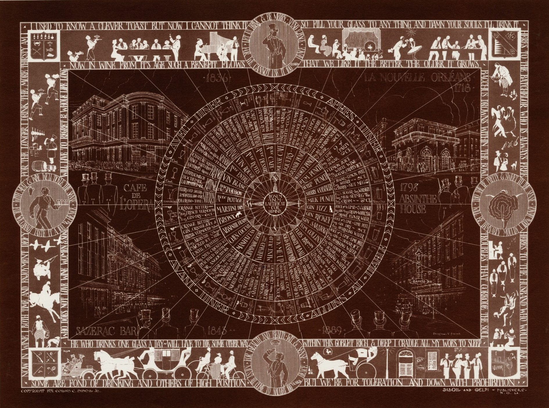 A detailed, artistic map titled French Quarter, Vieux Carré. Central circular calendar surrounded by historical illustrations of buildings, street scenes, and events in the French Quarter, framed with decorative borders and figures.