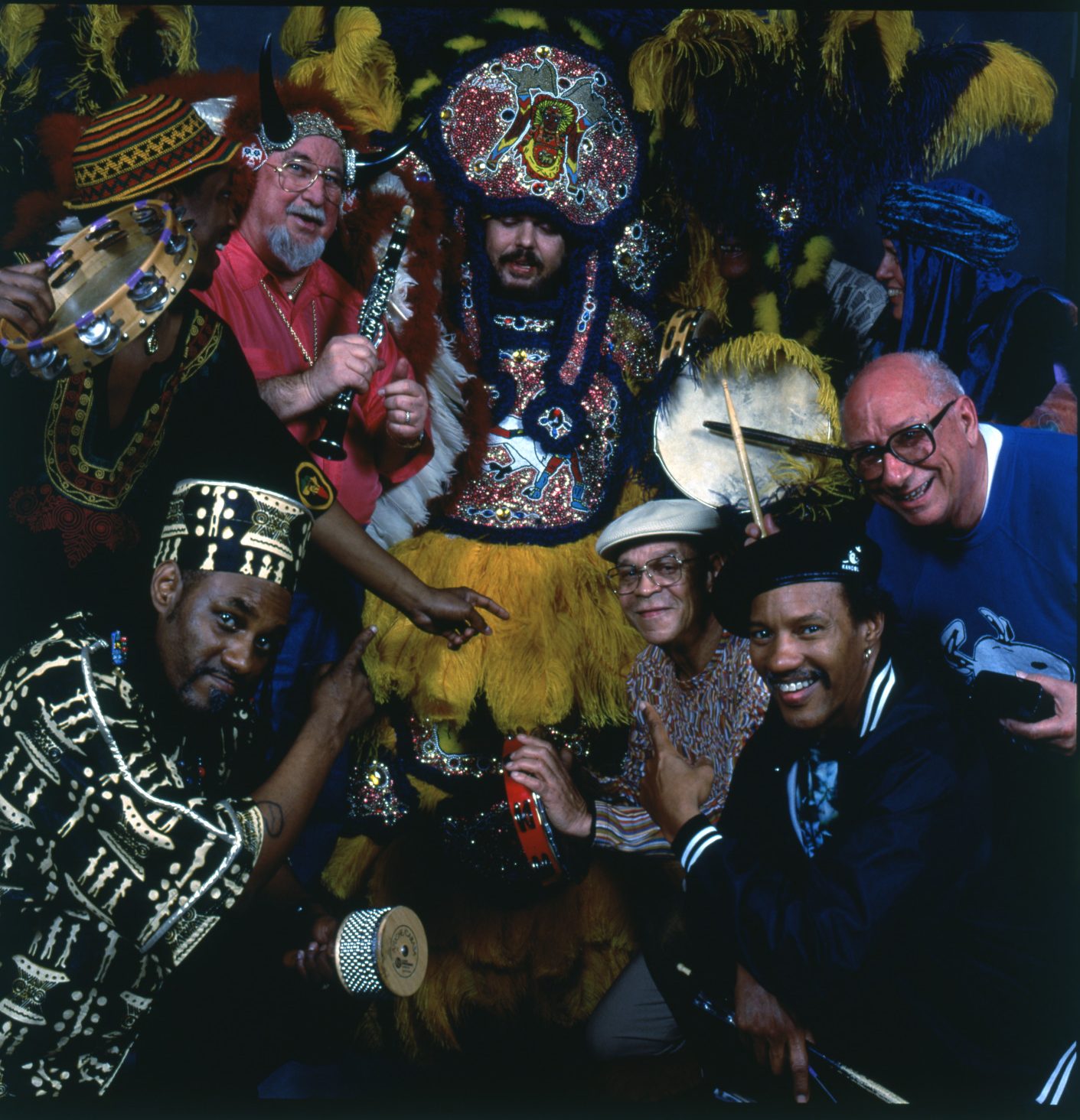 Cosimo Matassa poses for a group photo with Dr. John, Pete Fountain (with clarinet), Art Neville, and Charles Neville.