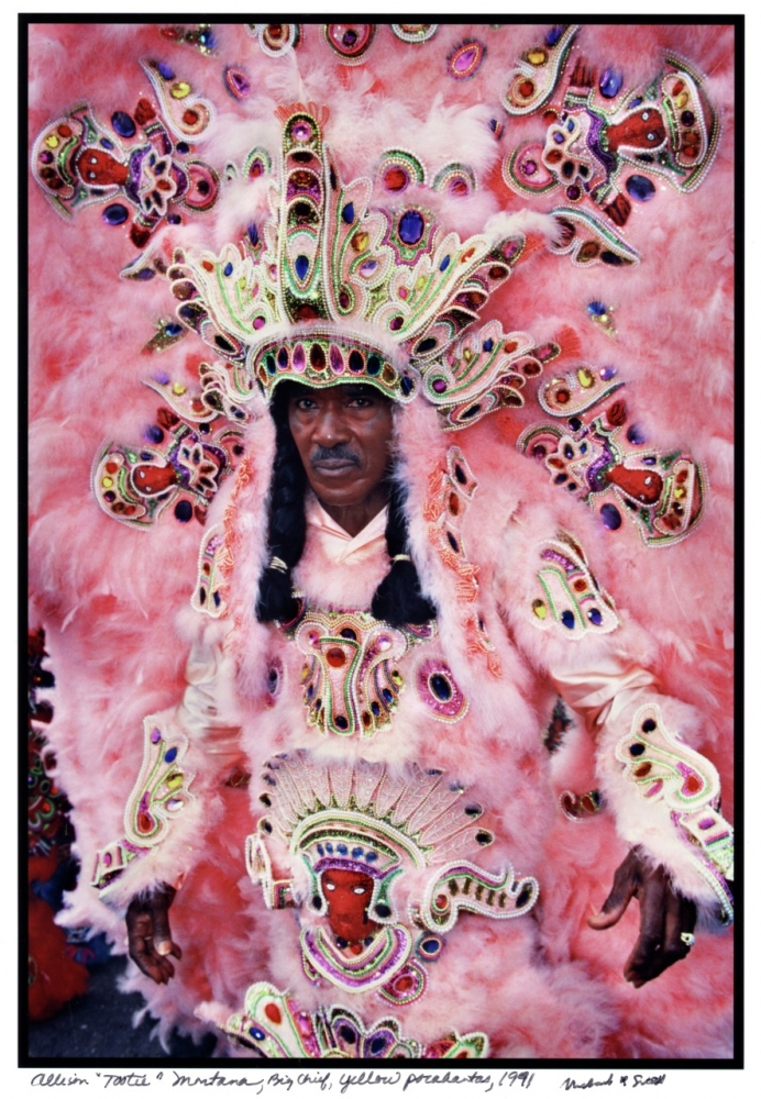 A person in a vibrant pink feathered costume with intricate beadwork, including a headdress, stands outdoors. The costume features colorful patterns and designs, enhancing the elaborate and festive appearance.