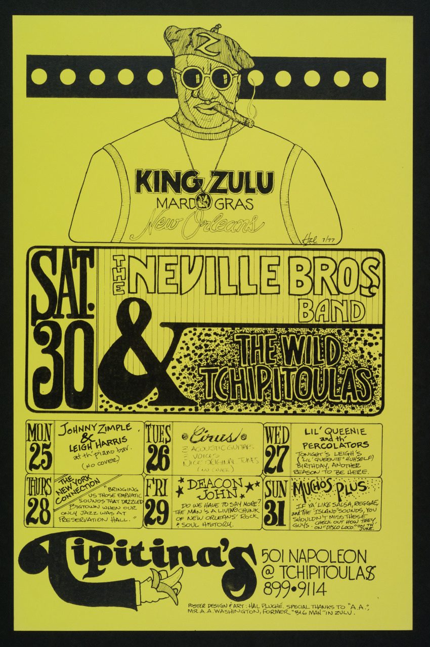 A yellow poster featuring an illustrated man with sunglasses and a hat labeled King Zulu. It advertises a performance by The Neville Bros and The Wild Tchoupitoulas at Tipitinas, including additional dates and acts from March 25 to 30.