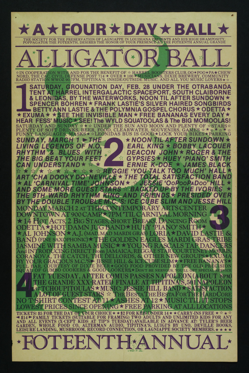 Vintage poster for the Four Day Alligator Ball featuring a green alligator illustration. Text details event activities, bands, and dates, decorated with stars and bold headings. Predominantly purple and green color scheme.