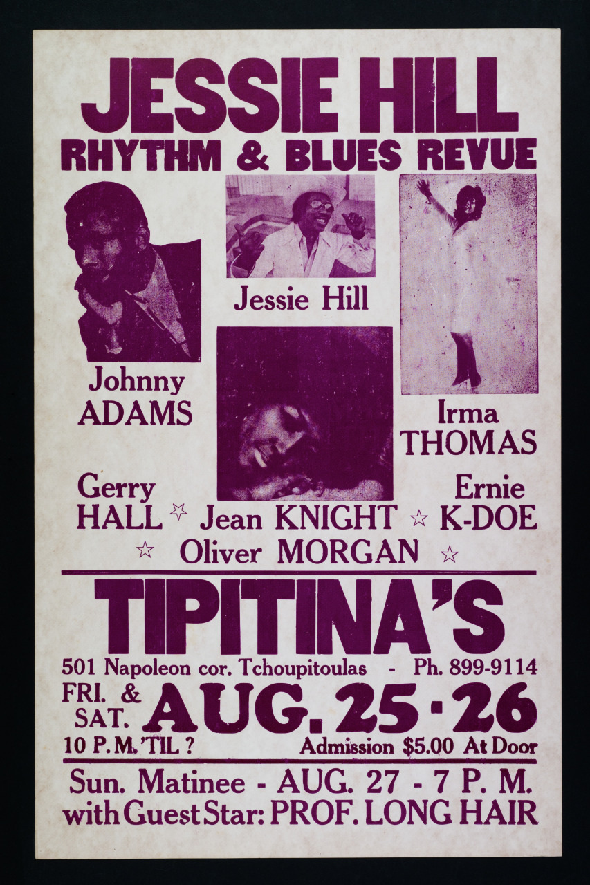 Vintage poster for Jessie Hills Rhythm & Blues Revue at Tipitinas, featuring artists like Johnny Adams, Irma Thomas, and more. Scheduled for August 25-27, showcasing performances at 7 PM and 10 PM, with $5 admission at the door.