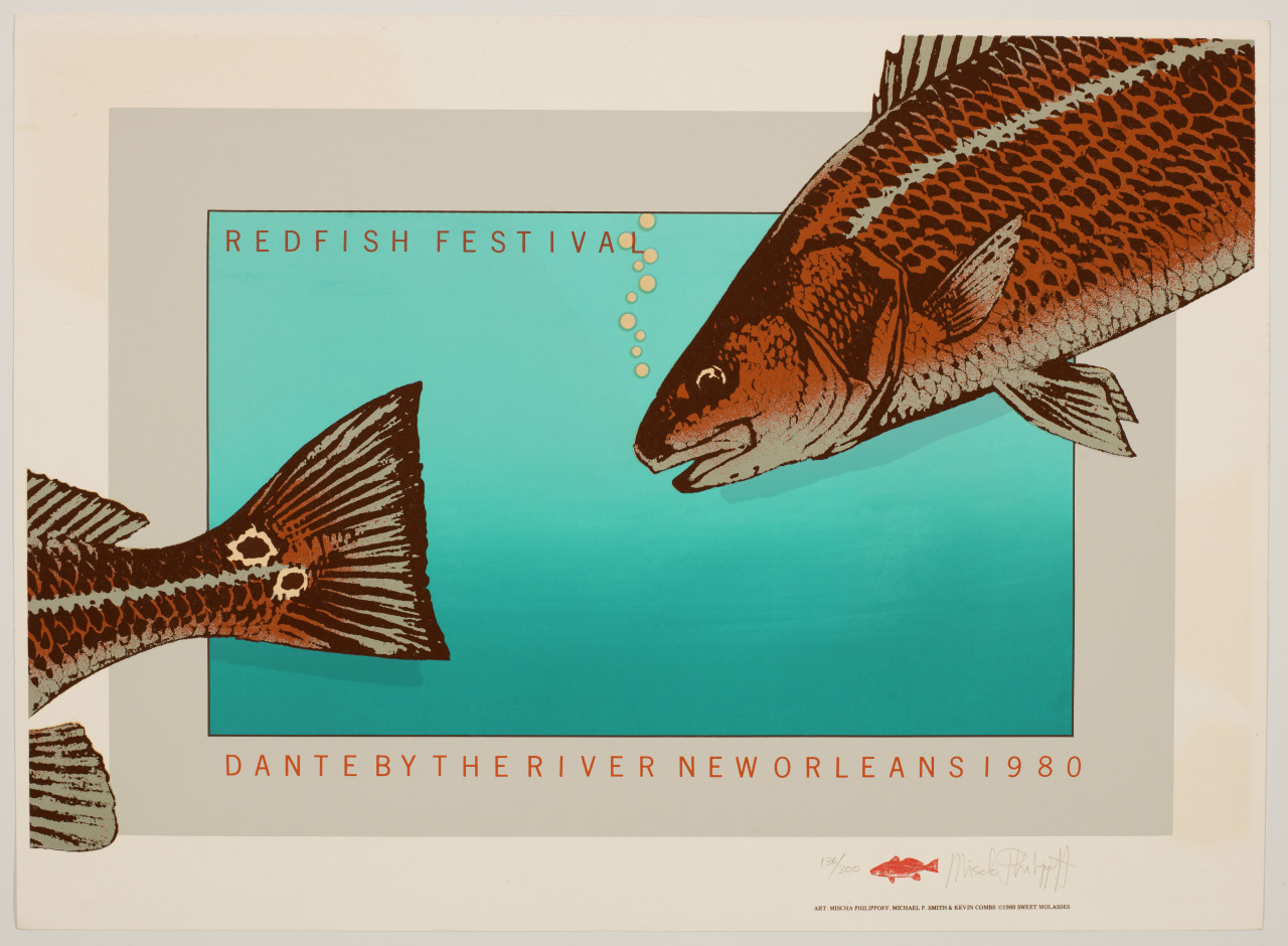 Poster for the Redfish Festival featuring illustrated fish with a textured pattern, surrounding a turquoise rectangle. Text reads Redfish Festival, Dante By The River, New Orleans 1980 with a signature and small red fish symbol at the bottom.