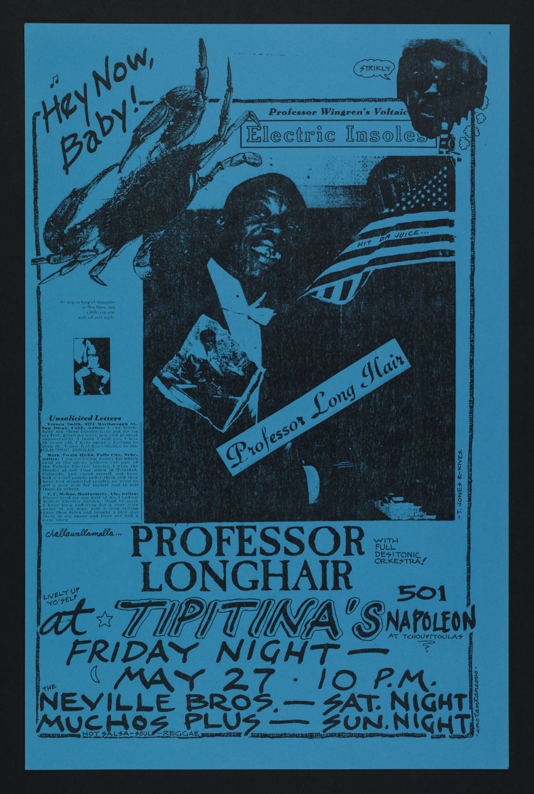 A blue-toned poster advertising a performance by Professor Longhair at Tipitinas on May 27. Features musical notes, a piano keyboard, and illustrations of a crawfish and a grasshopper. Includes other performer names and event details.