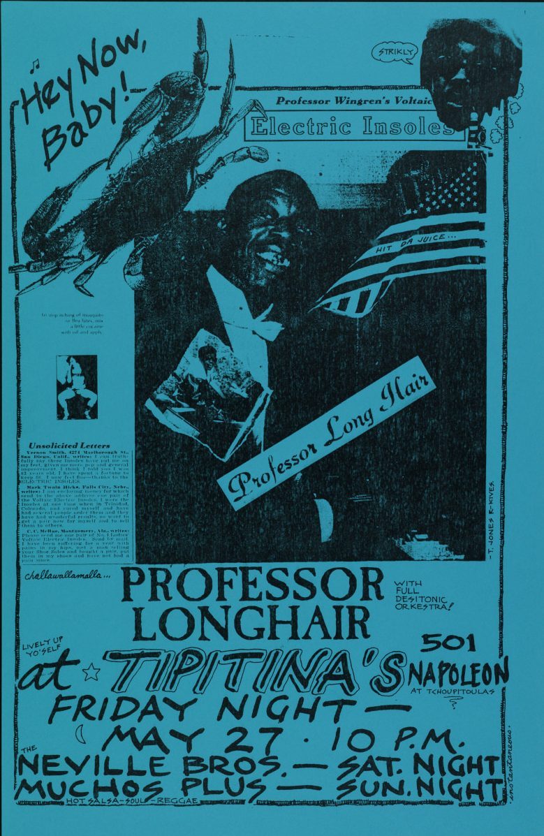 Retro poster in blue tones promoting a concert by Professor Longhair at Tipitinas, featuring bold illustrations and text. Includes concert dates of May 27 and performances by Neville Bros and Mucho Plus.