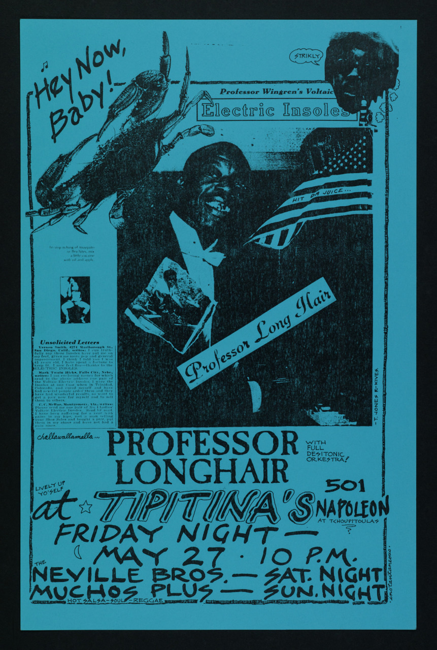 A blue-toned vintage poster advertising Professor Longhair performing at Tipitinas on Friday night, May 27, with the Neville Brothers on Saturday night. It features images of a crab and a musician, with decorative text and graphics.