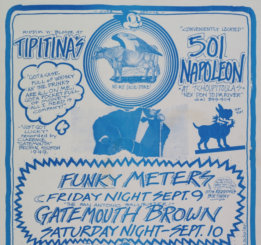 A blue and white vintage-style poster for Tipitinas promoting events with Funky Meters on Friday, Sept. 9, and Gate Mouth Brown on Saturday, Sept. 10. The design includes text and playful illustrations, such as a cow and accordion.