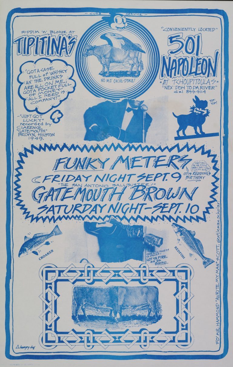 A blue-toned vintage concert poster for Tipitinas at 501 Napoleon, featuring Funky Meters on Friday, Sept. 9, and Gatemouth Brown on Saturday, Sept. 10. Includes sketches and various text details in stylized fonts.
