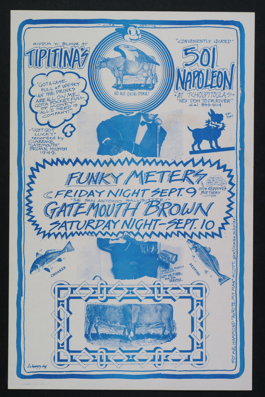 Vintage blue and white poster for Tipitinas at 501 Napoleon, featuring Funky Meters on Friday, September 9, and Gate Mouth Brown on Saturday, September 10. Includes illustrations of instruments, figures, and decorative elements.