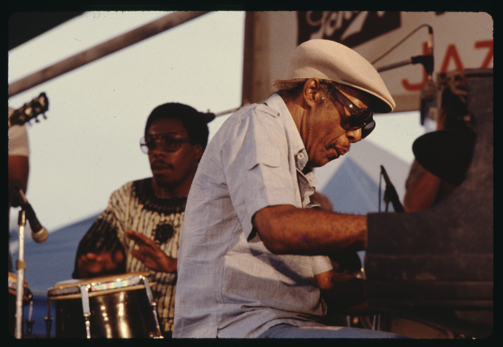Professor Longhair performing on stage at the New Orleans Jazz & Heritage Festival in 1979.