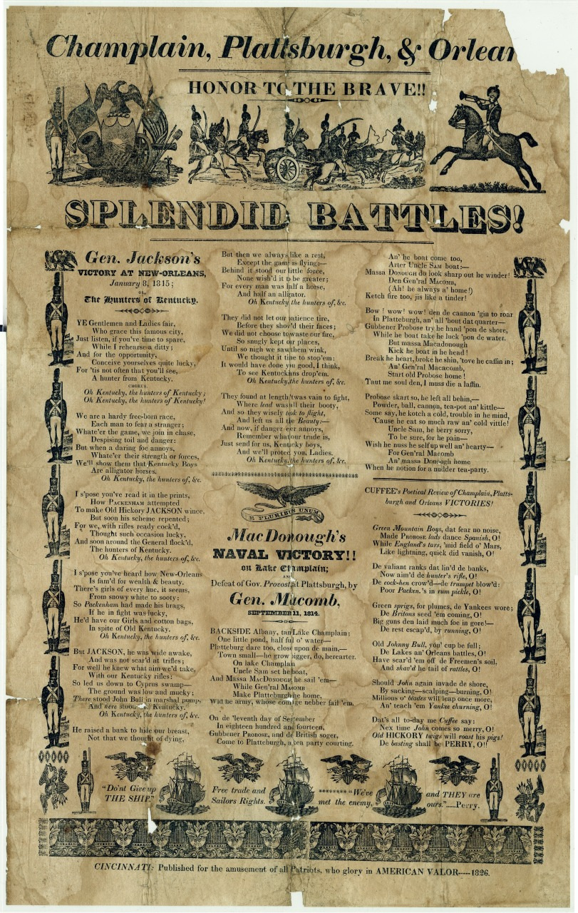 Antique poster with elaborate illustrations and text celebrating Splendid Battles, including Gen. Jacksons victory at New Orleans. Decorative borders and illustrations of soldiers and horses prominently feature. Published in Cincinnati in 1815.
