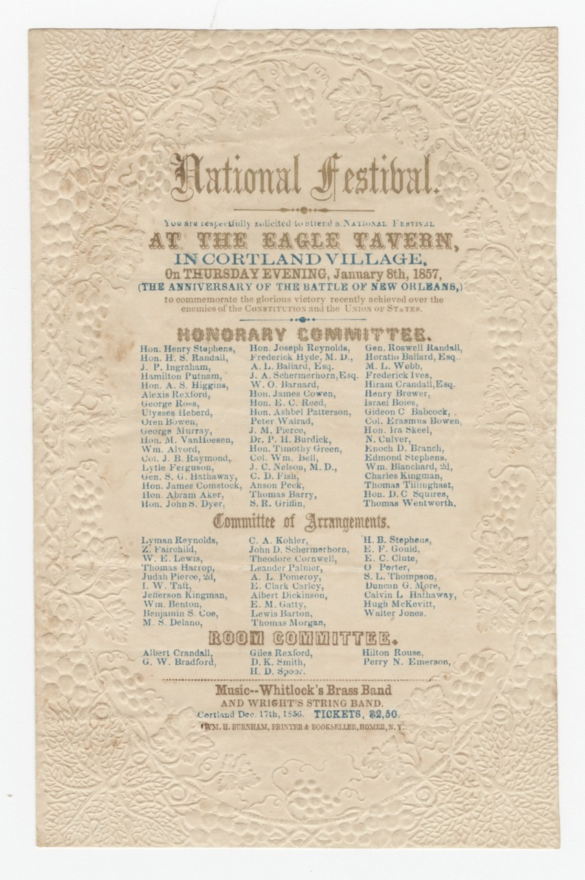 Ornate 1857 invitation for a National Festival at Eagle Tavern, Scotland Village, celebrating the Battle of New Orleans anniversary. Text includes names of the honorary committee and the committee of arrangements. Decorated border.